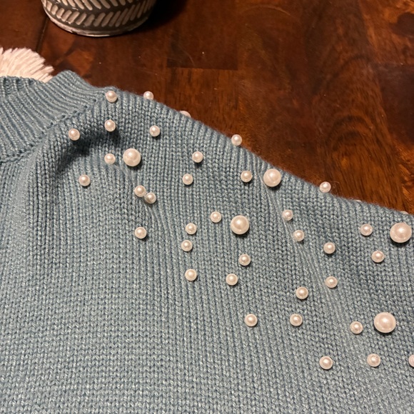 Women's Teal Pearl-Embellished Sweater - Picture 5 of 11
